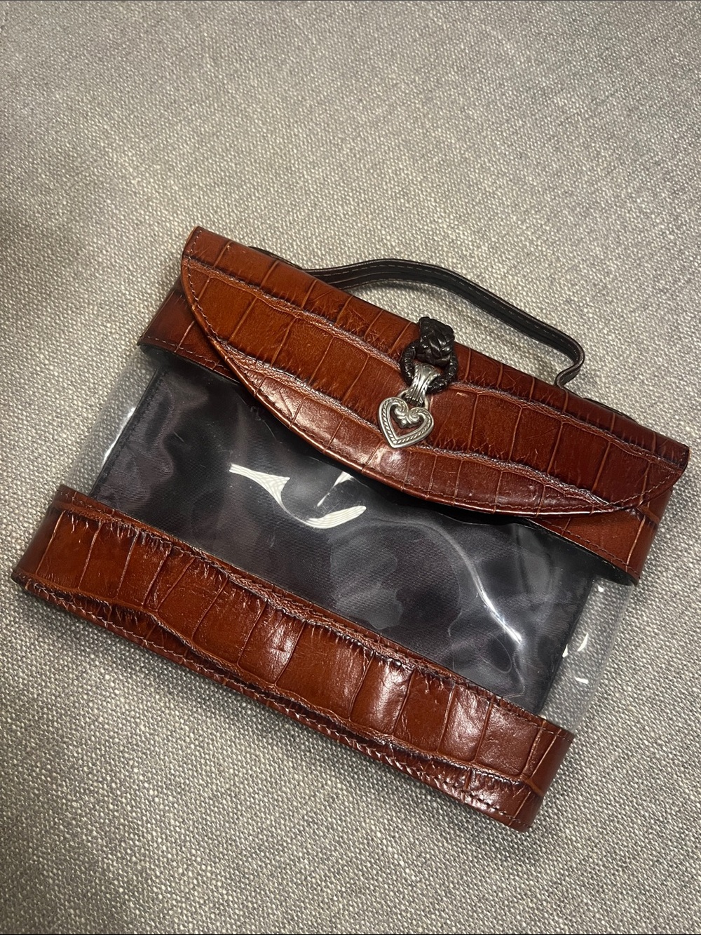 Brighton Small Brown Croc-Textured Clear Jewelry Bag with Heart Charm